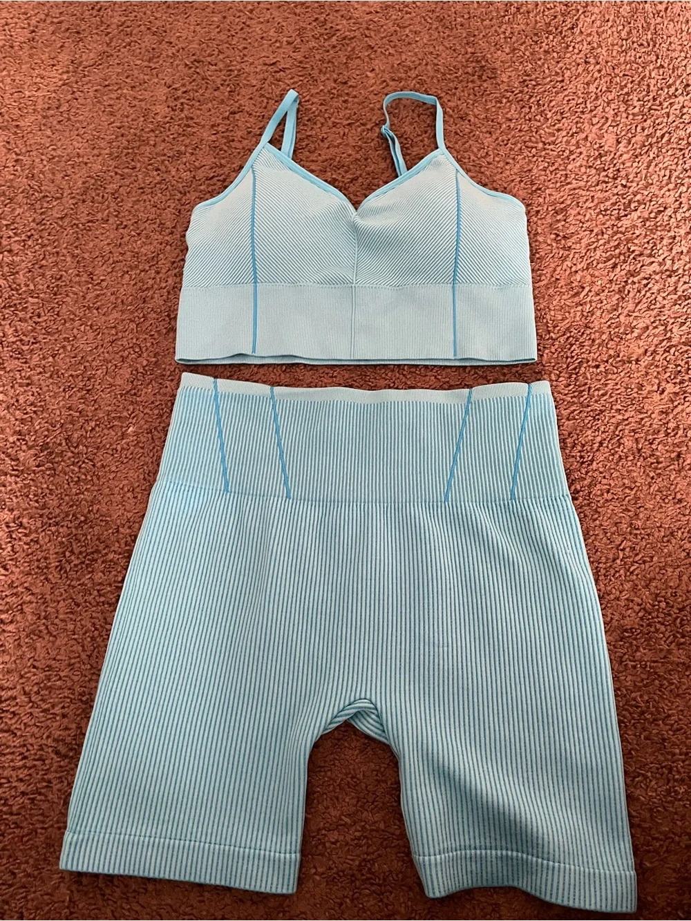 No Boundaries Light Blue Ribbed Bralette and Bike Shorts Set